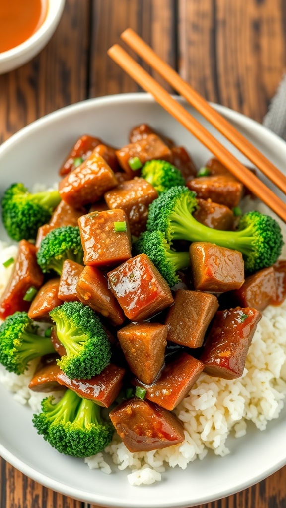 A colorful Beef and Broccoli Stir-Fry with beef slices and broccoli on rice, served with chopsticks on a wooden table.